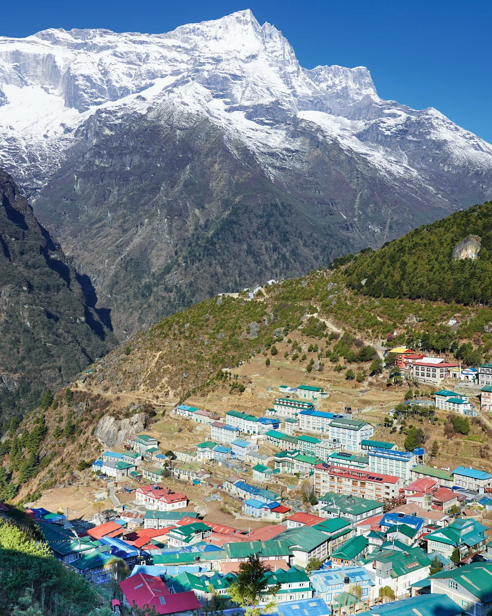 Namche Bazaar beneath the Kongde Ri mountain group in Khumbu, Nepal